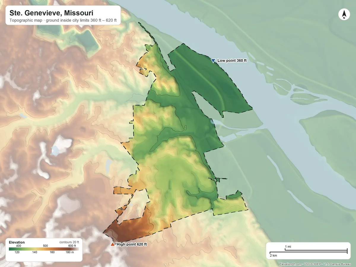 Topographic elevation map of Ste. Genevieve, Missouri, shaded from 360 ft on the northeast side to 620 ft on the southwest side