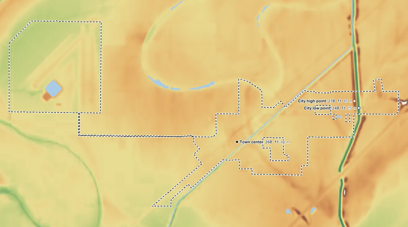 Topographic elevation map of Steele, Missouri, shaded from 240 ft on the east side to 270 ft on the east side