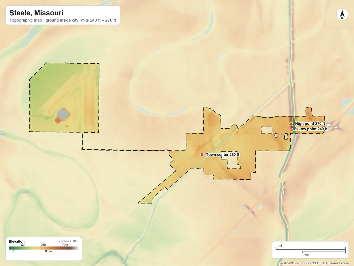 Topographic elevation map of Steele, Missouri, shaded from 240 ft on the east side to 270 ft on the east side