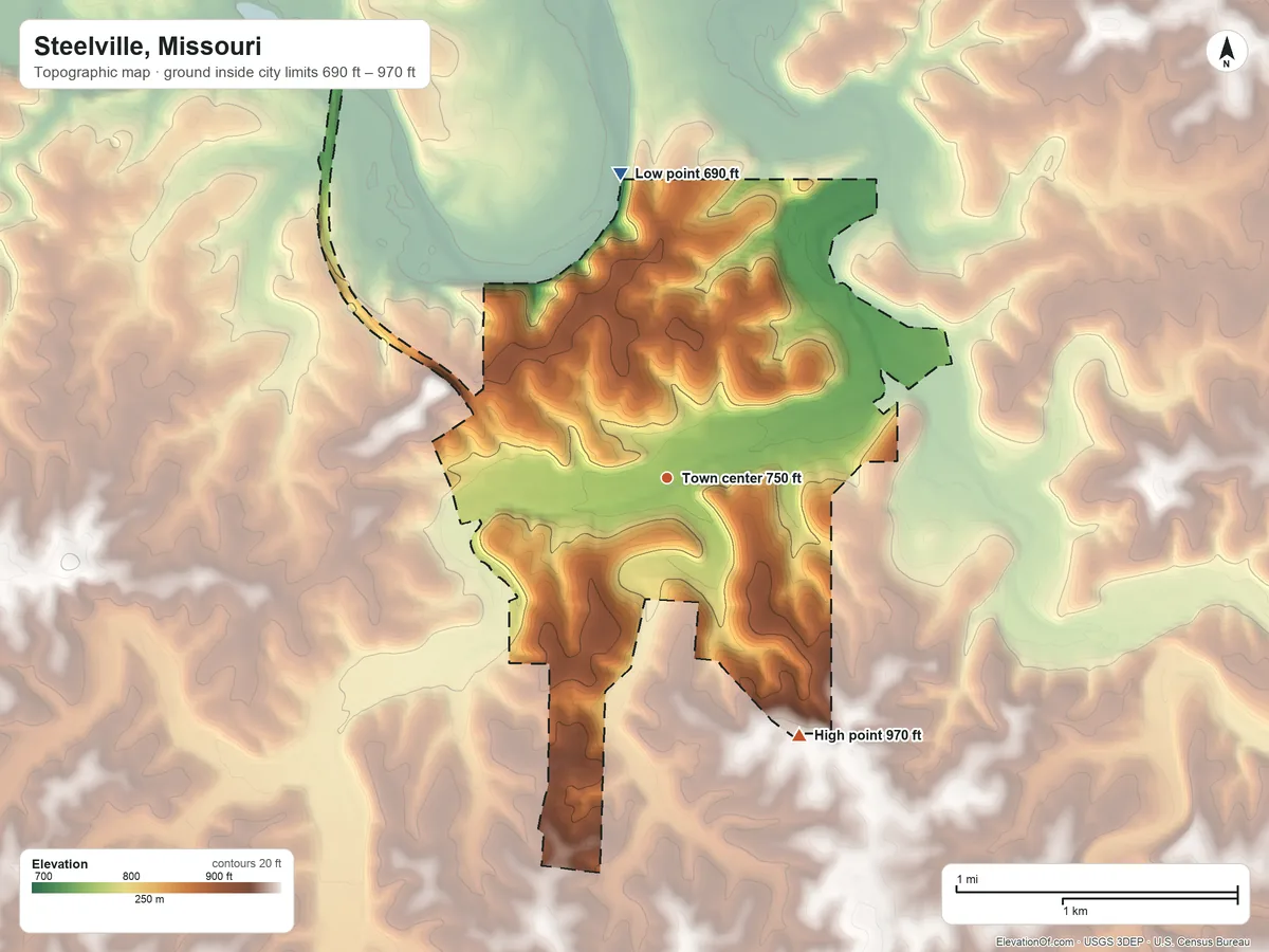 Topographic elevation map of Steelville, Missouri, shaded from 690 ft on the north side to 970 ft on the southeast side
