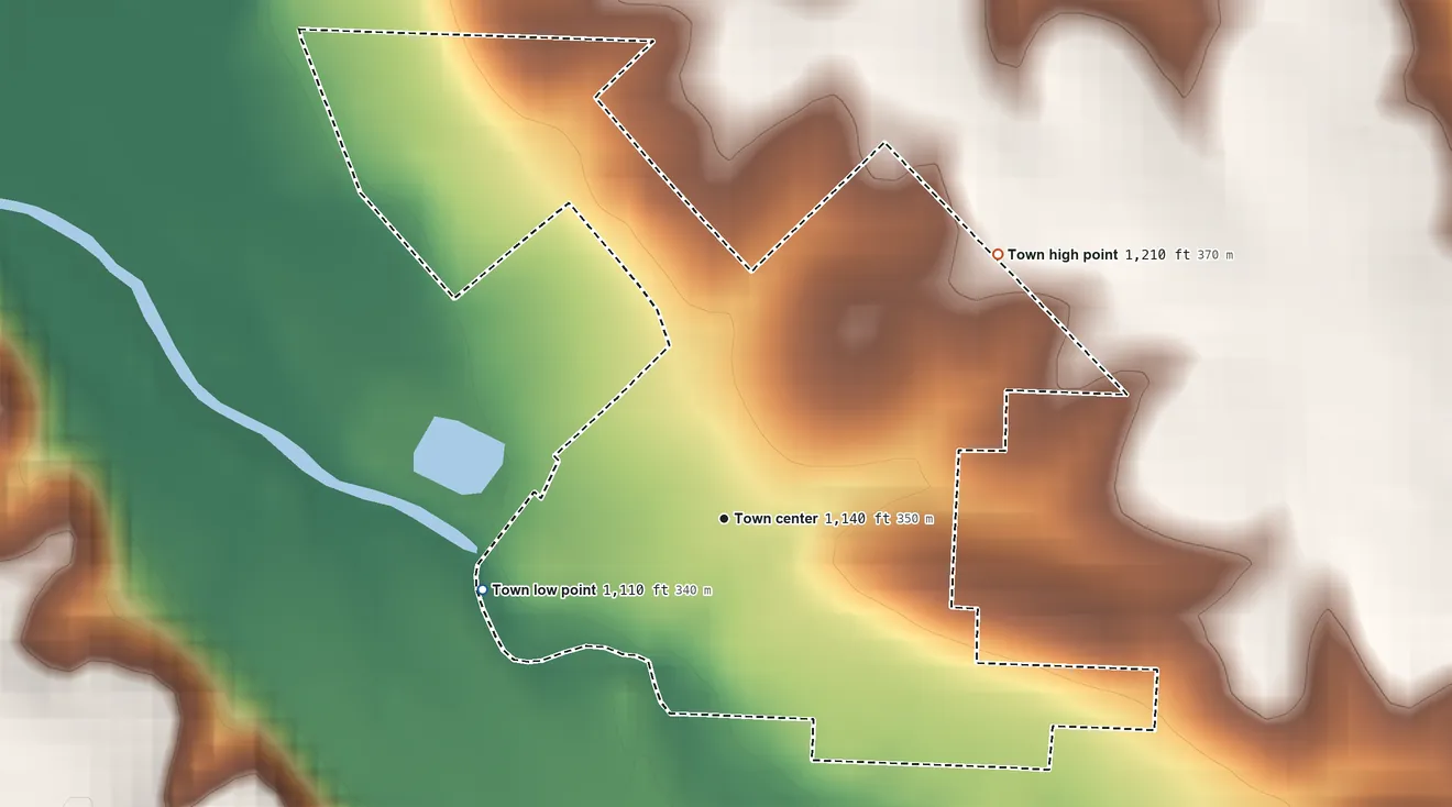 Topographic elevation map of Stella, Missouri, shaded from 1,110 ft on the west side to 1,210 ft on the northeast side