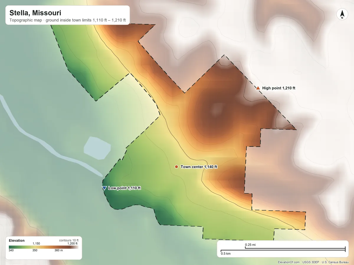 Topographic elevation map of Stella, Missouri, shaded from 1,110 ft on the west side to 1,210 ft on the northeast side