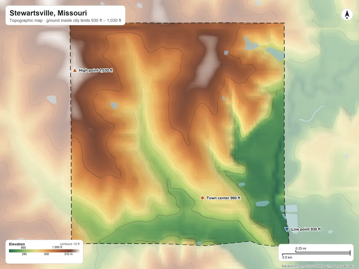 Topographic elevation map of Stewartsville, Missouri, shaded from 930 ft on the east side to 1,030 ft on the northwest side