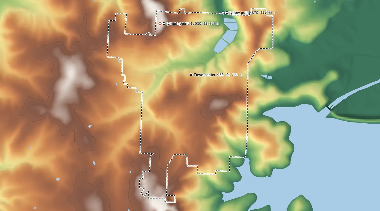 Topographic elevation map of Stockton, Missouri, shaded from 870 ft on the northeast side to 1,030 ft on the northwest side
