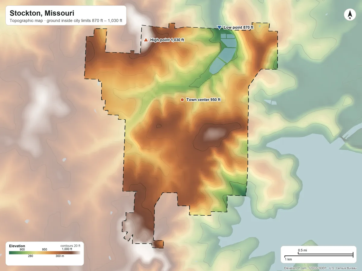 Topographic elevation map of Stockton, Missouri, shaded from 870 ft on the northeast side to 1,030 ft on the northwest side