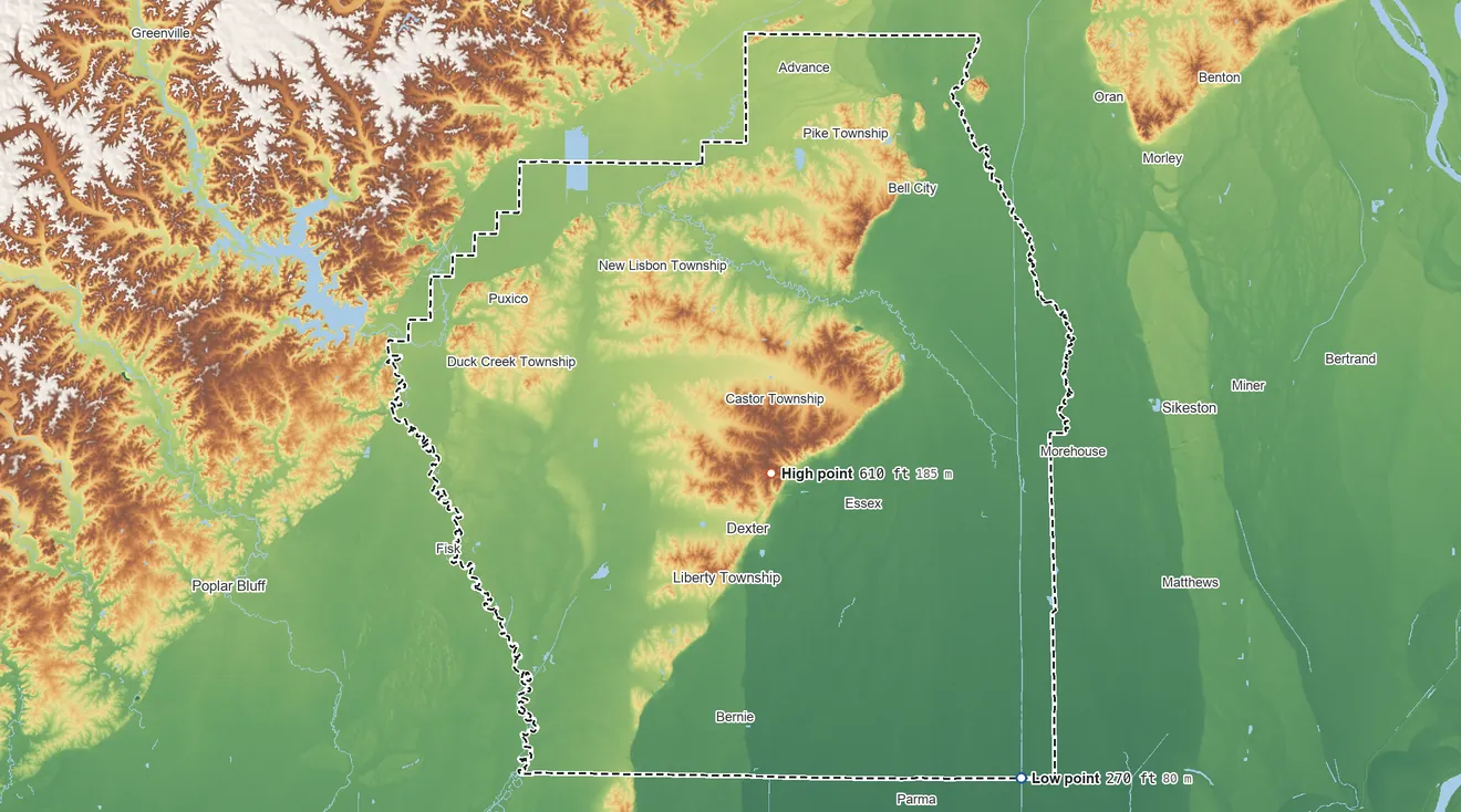 Topographic elevation map of Stoddard County, Missouri, shaded from 270 ft on the southeast side to 610 ft near the middle
