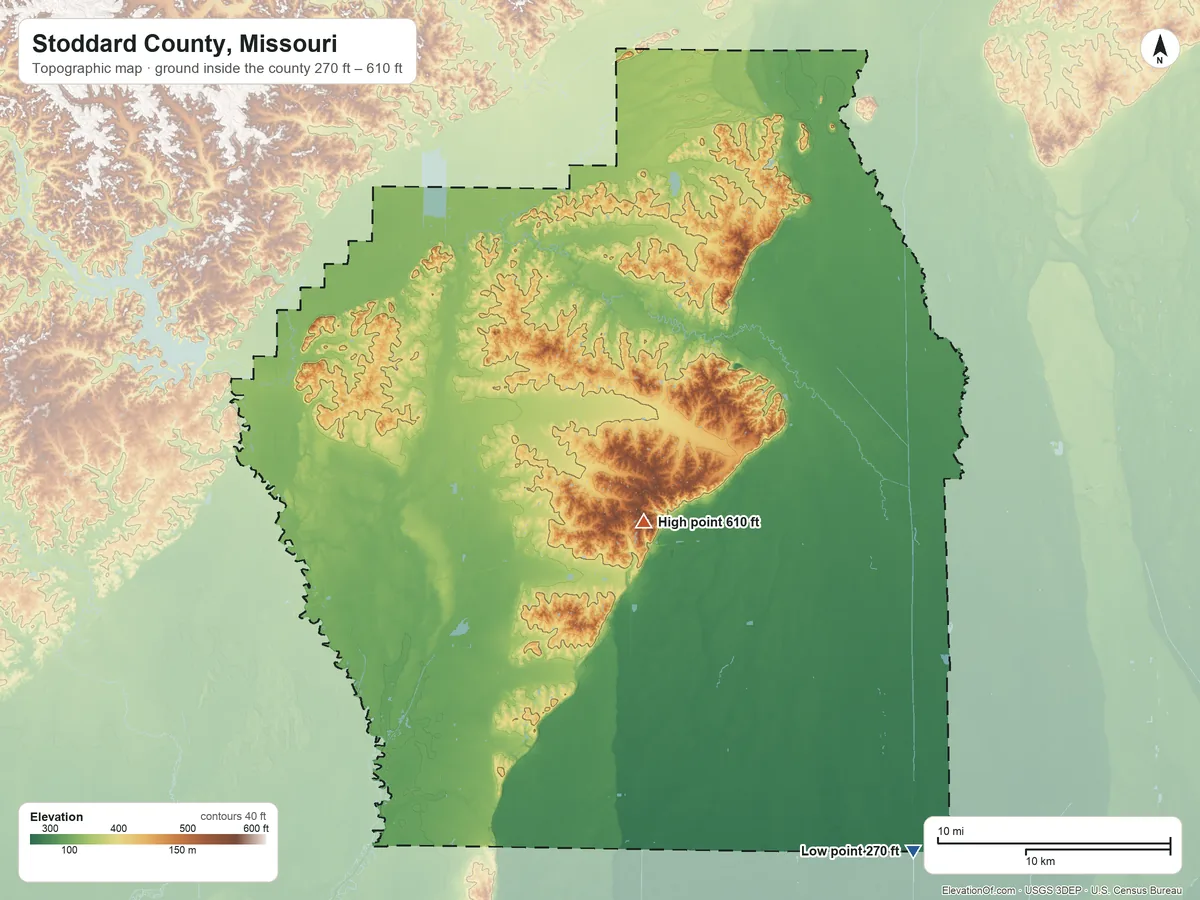 Topographic elevation map of Stoddard County, Missouri, shaded from 270 ft on the southeast side to 610 ft near the middle