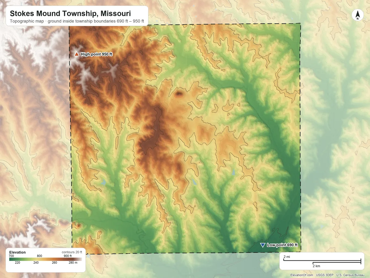 Topographic elevation map of Stokes Mound Township, Missouri, shaded from 690 ft on the south side to 950 ft on the northwest side