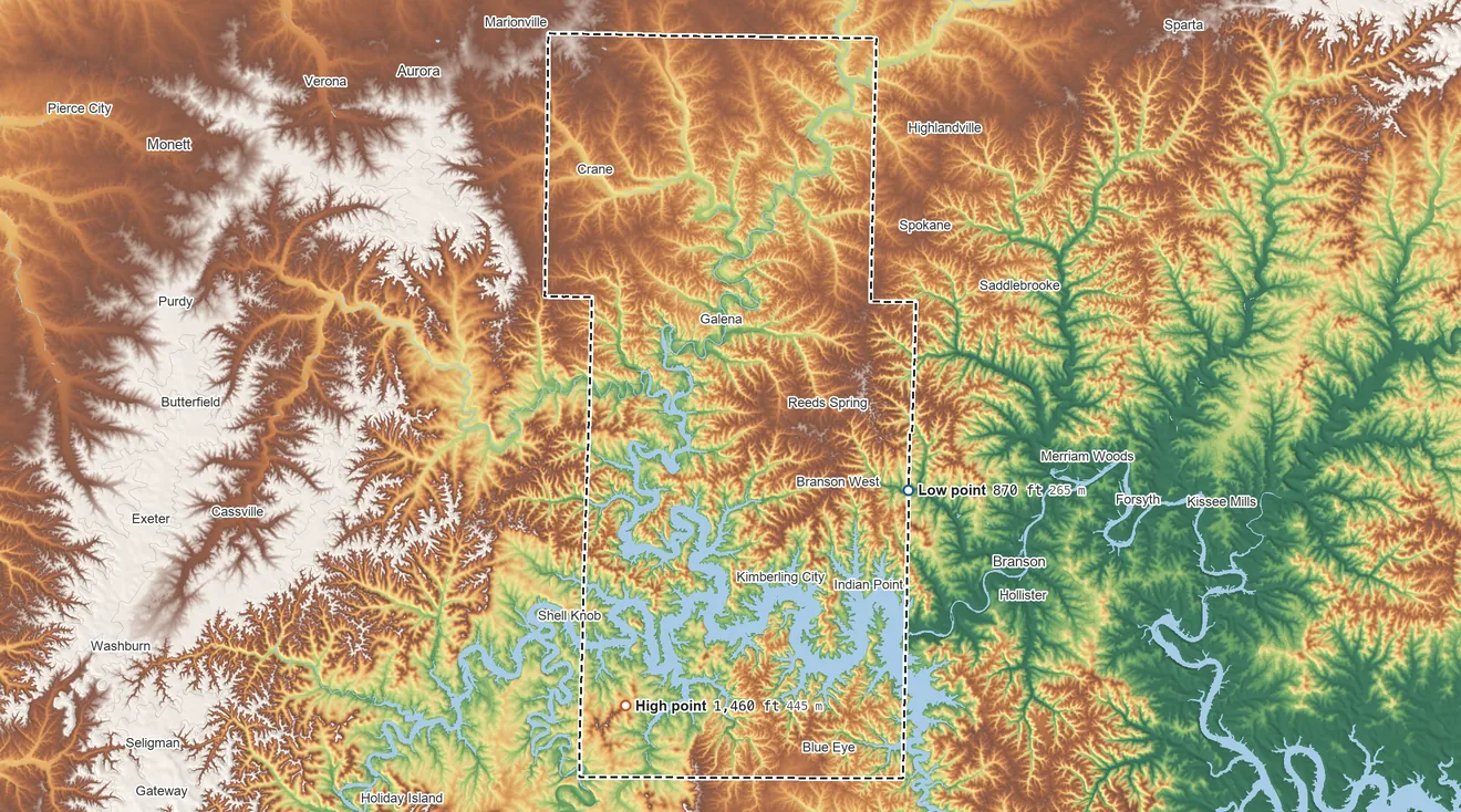 Topographic elevation map of Stone County, Missouri, shaded from 870 ft on the southeast side to 1,460 ft on Pilot Knob