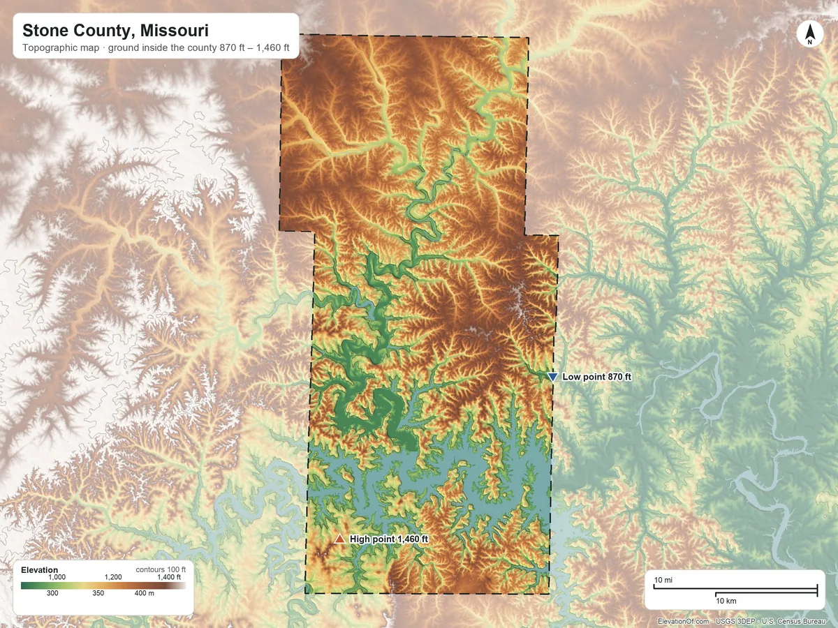 Topographic elevation map of Stone County, Missouri, shaded from 870 ft on the southeast side to 1,460 ft on Pilot Knob