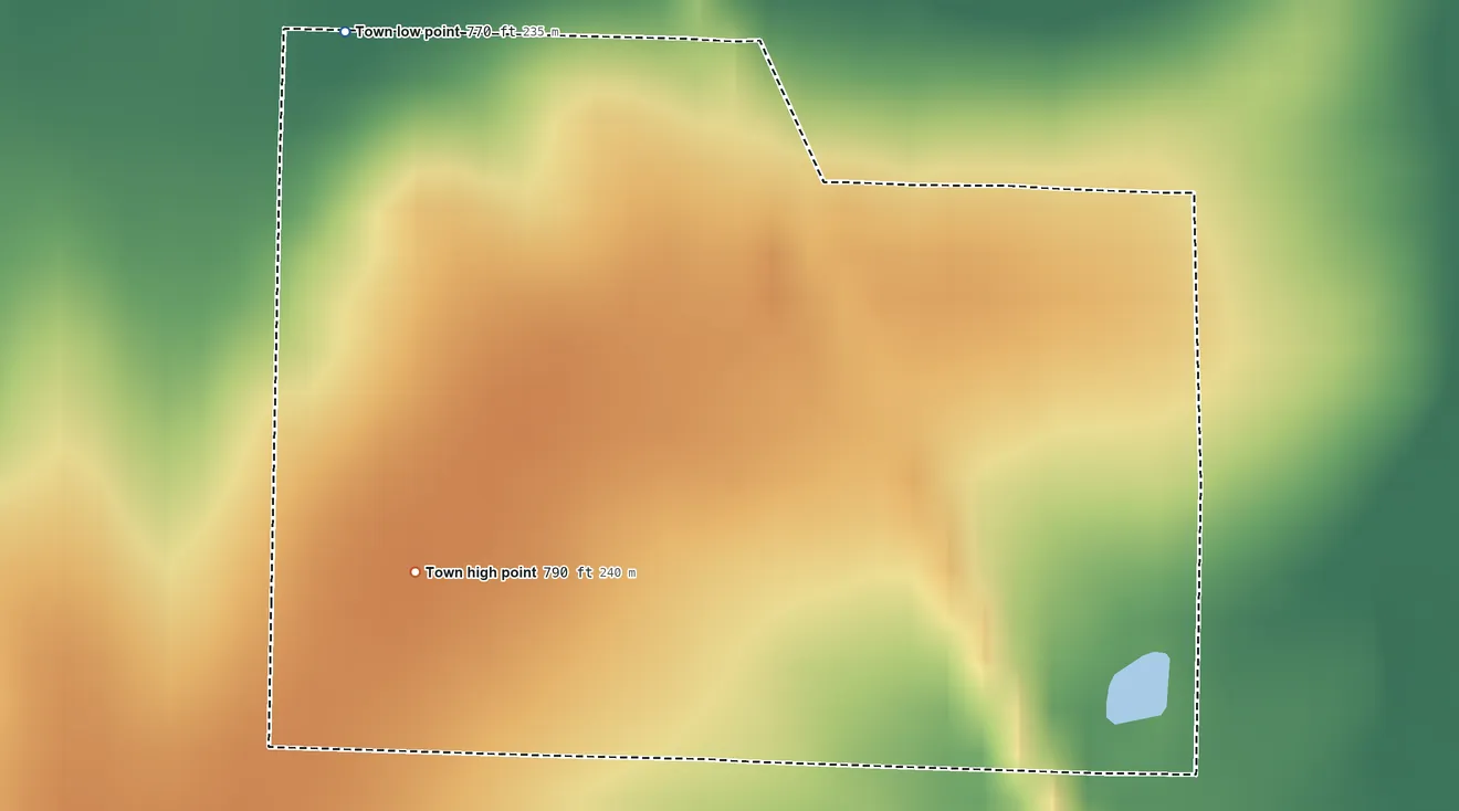 Topographic elevation map of Stotesbury, Missouri, shaded from 770 ft on the north side to 790 ft near the middle