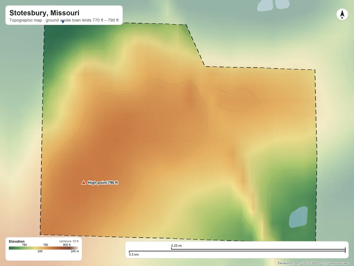 Topographic elevation map of Stotesbury, Missouri, shaded from 770 ft on the north side to 790 ft near the middle