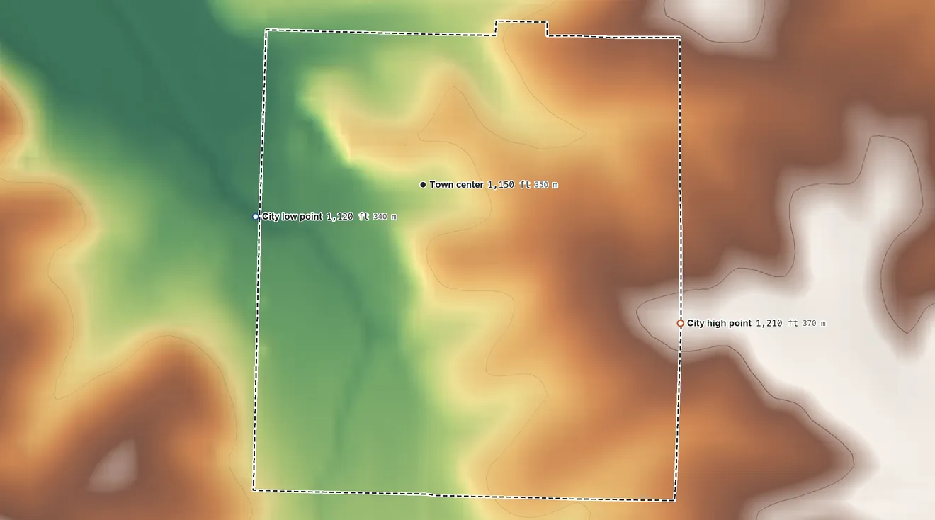 Topographic elevation map of Stotts City, Missouri, shaded from 1,120 ft on the west side to 1,210 ft on the southeast side