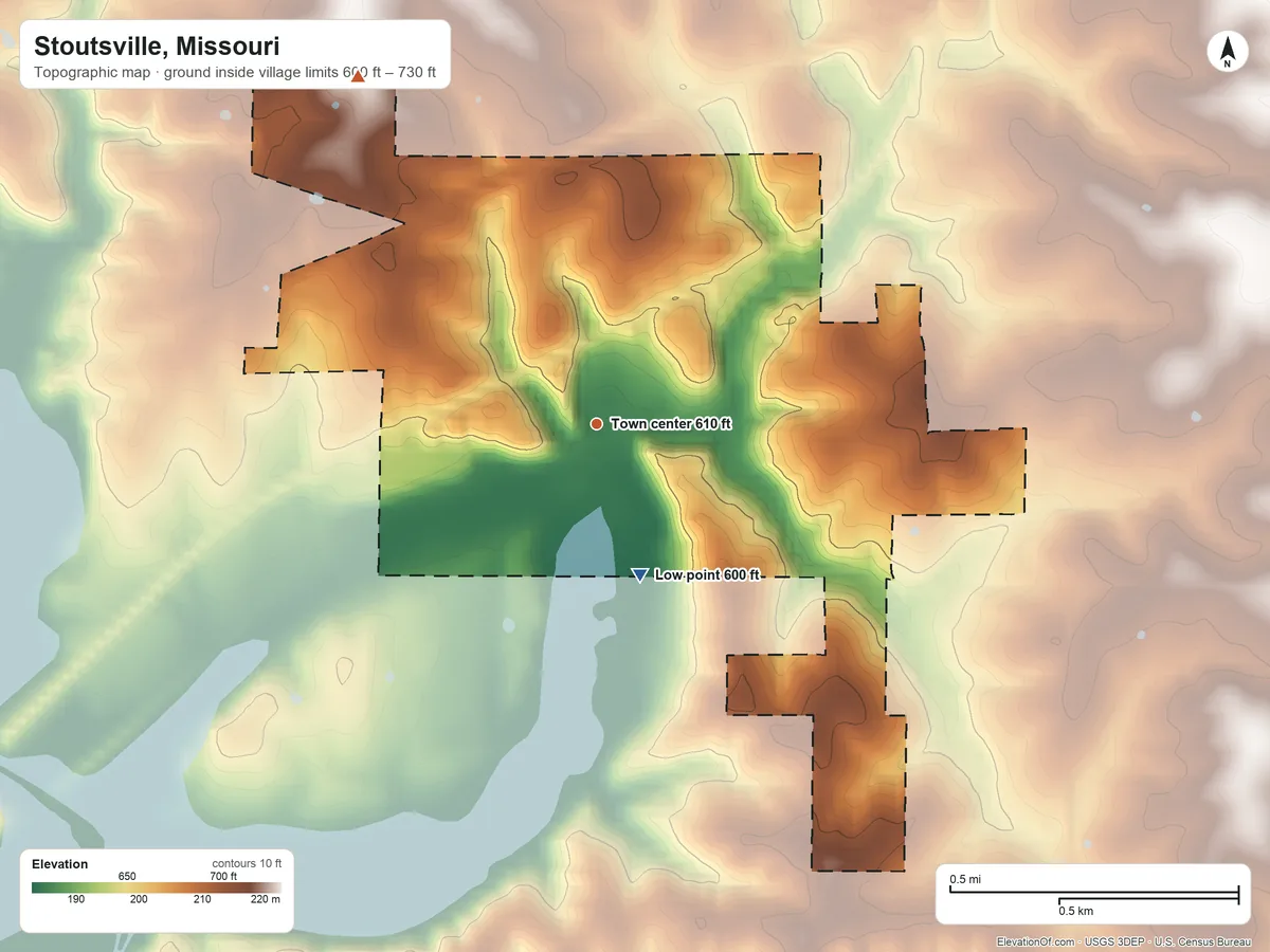 Topographic elevation map of Stoutsville, Missouri, shaded from 600 ft on the south side to 730 ft on the northwest side