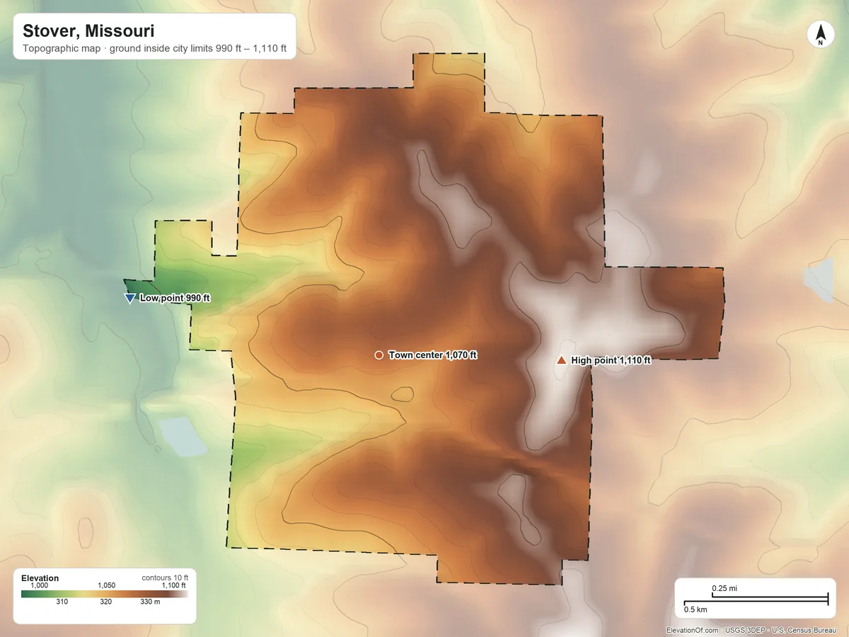 Topographic elevation map of Stover, Missouri, shaded from 990 ft on the west side to 1,110 ft on the east side