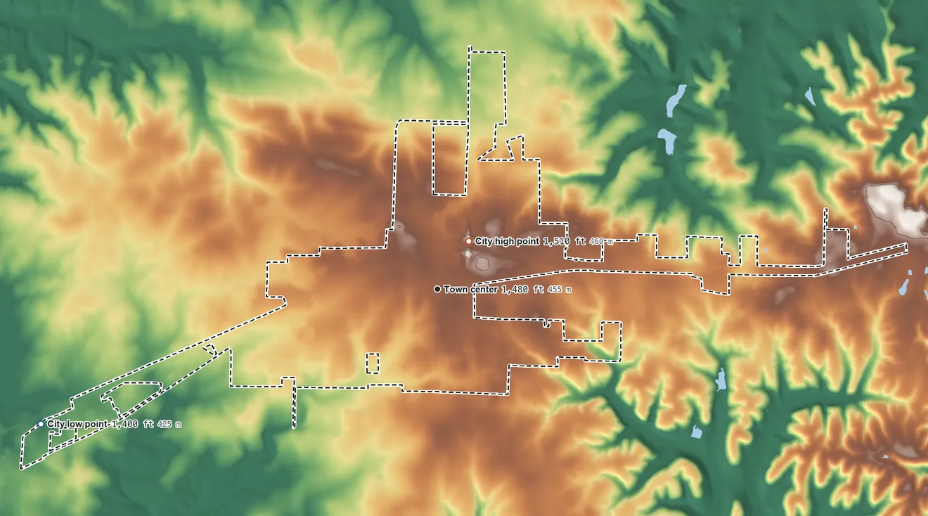Topographic elevation map of Strafford, Missouri, shaded from 1,400 ft on the west side to 1,510 ft near the middle