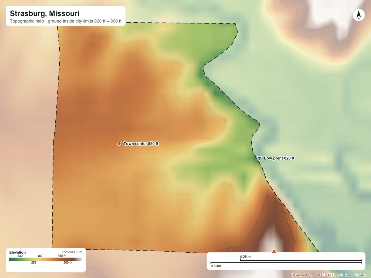 Topographic elevation map of Strasburg, Missouri, shaded from 820 ft on the east side to 860 ft on the southeast side