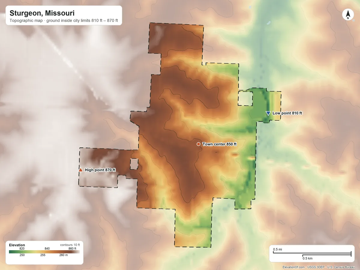 Topographic elevation map of Sturgeon, Missouri, shaded from 810 ft on the northeast side to 870 ft on the west side