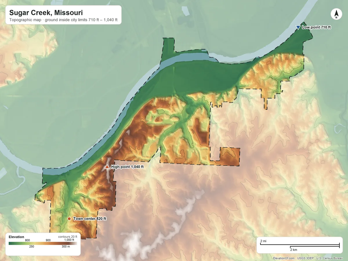 Topographic elevation map of Sugar Creek, Missouri, shaded from 710 ft on the northeast side to 1,040 ft on the northeast side