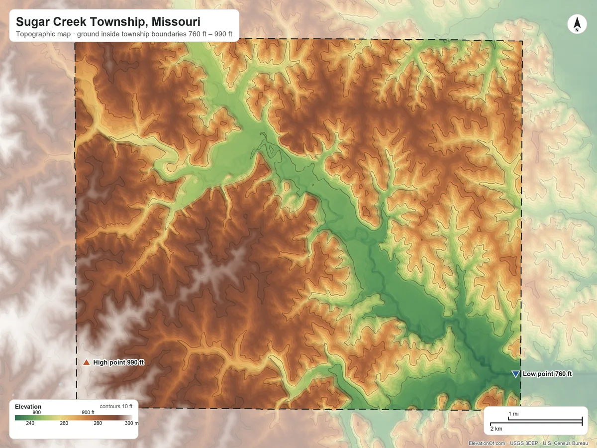 Topographic elevation map of Sugar Creek Township, Missouri, shaded from 760 ft on the east side to 990 ft near the middle
