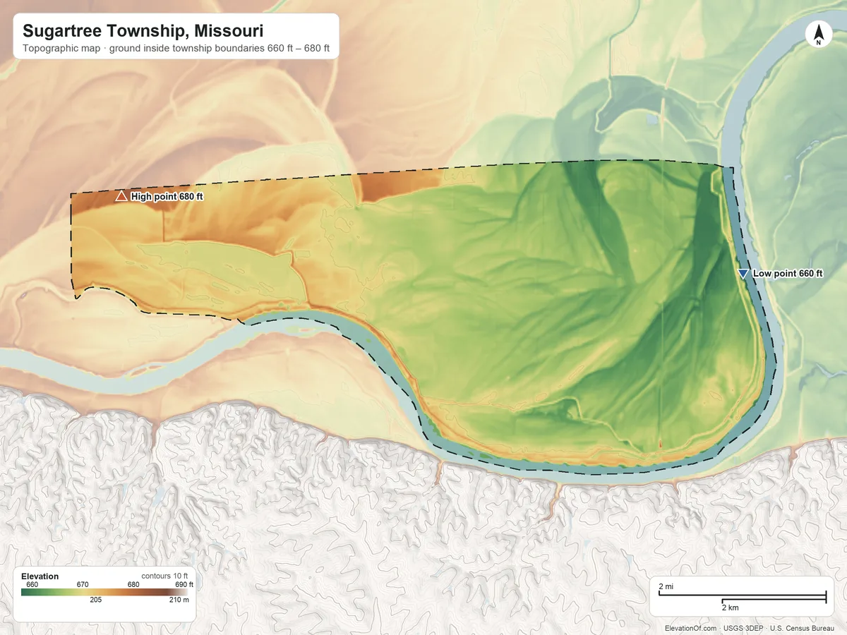 Topographic elevation map of Sugartree Township, Missouri, shaded from 660 ft on the east side to 680 ft on the west side