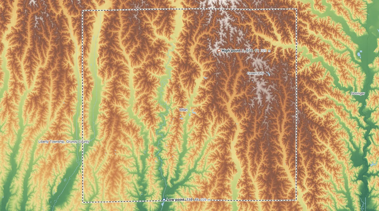 Topographic elevation map of Sullivan County, Missouri, shaded from 730 ft on the south side to 1,070 ft on the northeast side