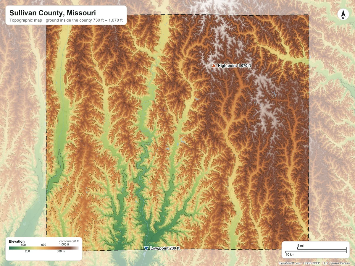 Topographic elevation map of Sullivan County, Missouri, shaded from 730 ft on the south side to 1,070 ft on the northeast side