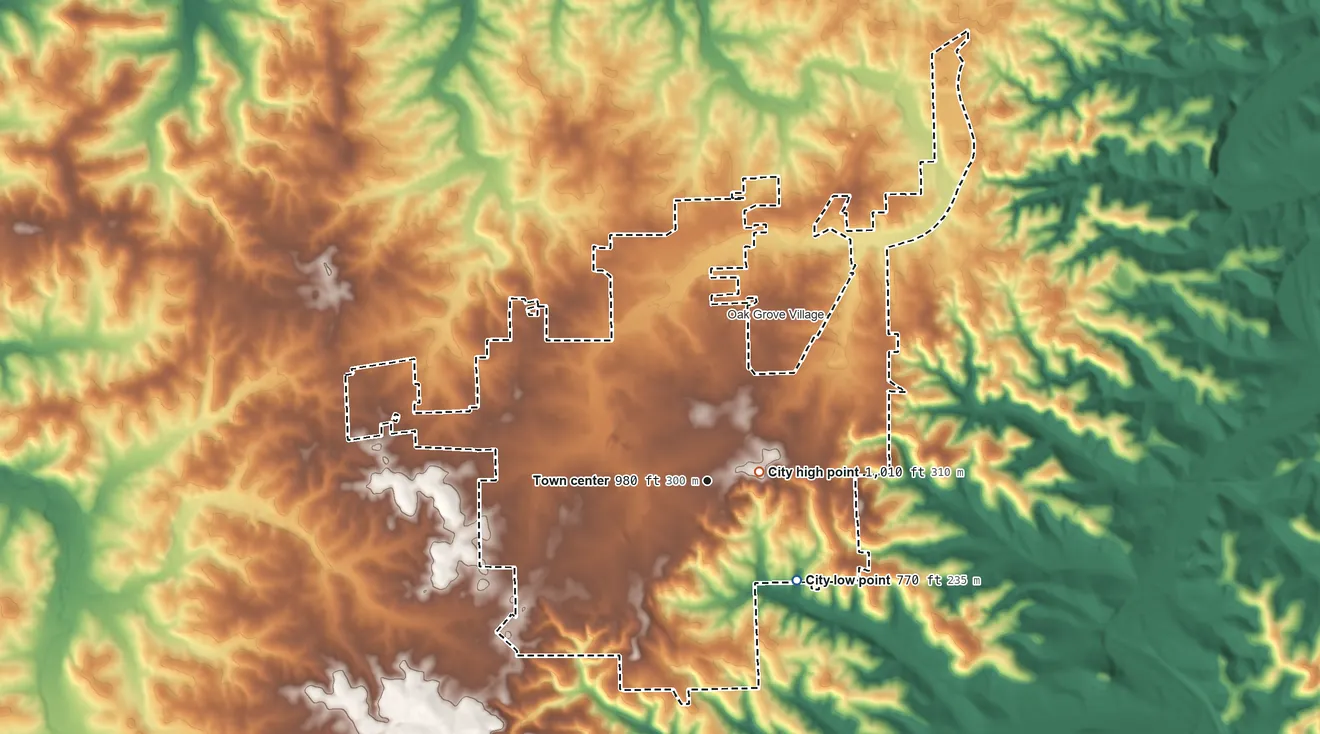 Topographic elevation map of Sullivan, Missouri, shaded from 770 ft on the southeast side to 1,010 ft near the middle