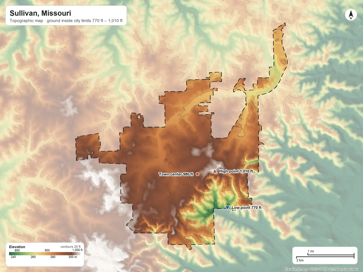 Topographic elevation map of Sullivan, Missouri, shaded from 770 ft on the southeast side to 1,010 ft near the middle