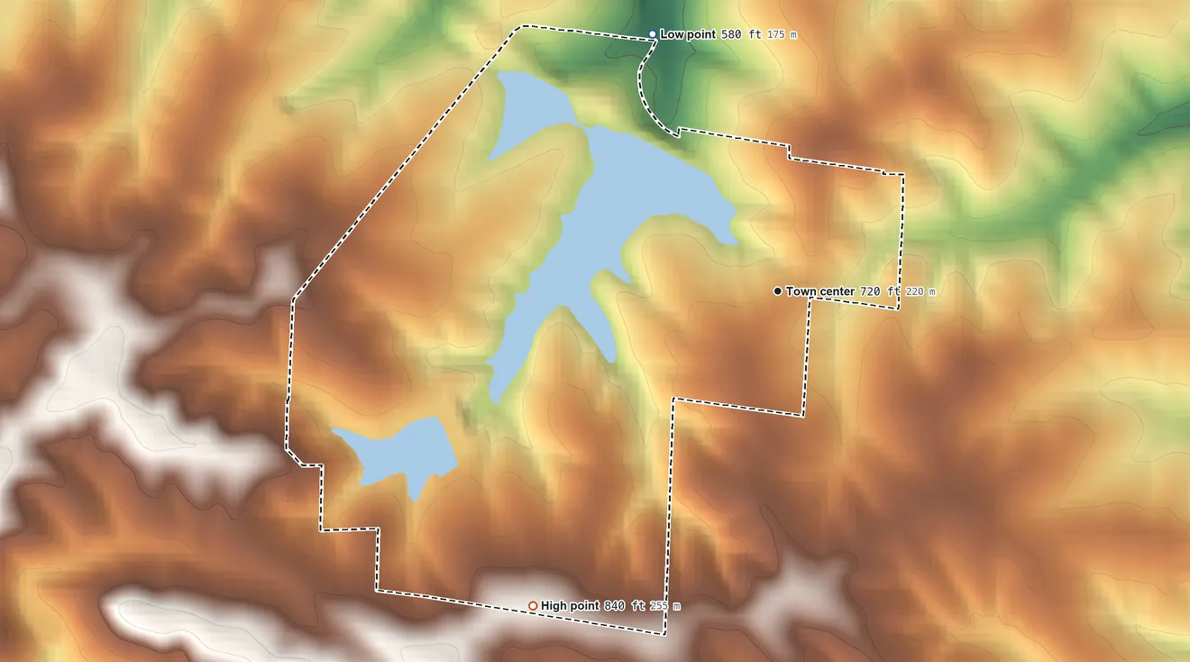 Topographic elevation map of Summer Set, Missouri, shaded from 580 ft on the northwest side to 840 ft on the southwest side