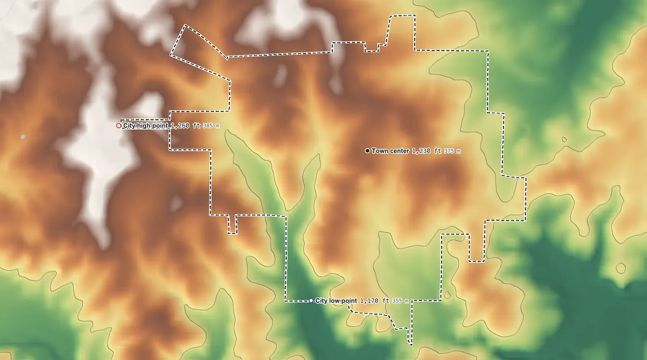 Topographic elevation map of Summersville, Missouri, shaded from 1,170 ft on the south side to 1,260 ft on the west side