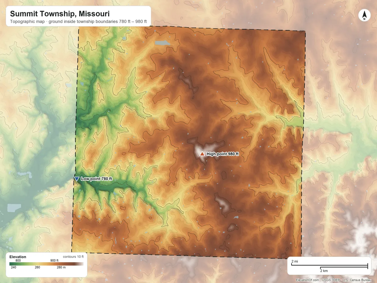 Topographic elevation map of Summit Township, Missouri, shaded from 780 ft on the southwest side to 980 ft on the southeast side