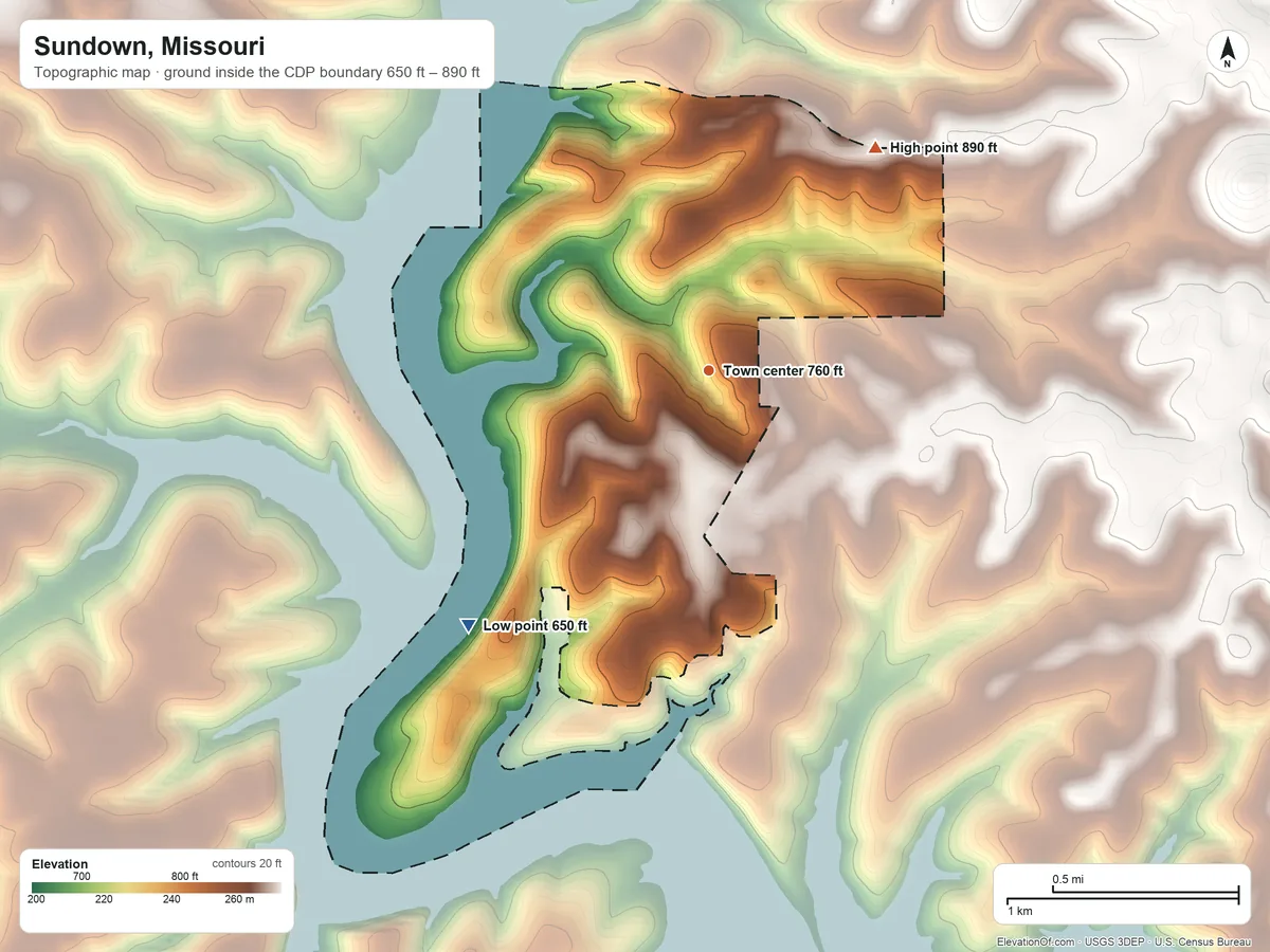 Topographic elevation map of Sundown, Missouri, shaded from 650 ft on the southwest side to 890 ft on the northeast side