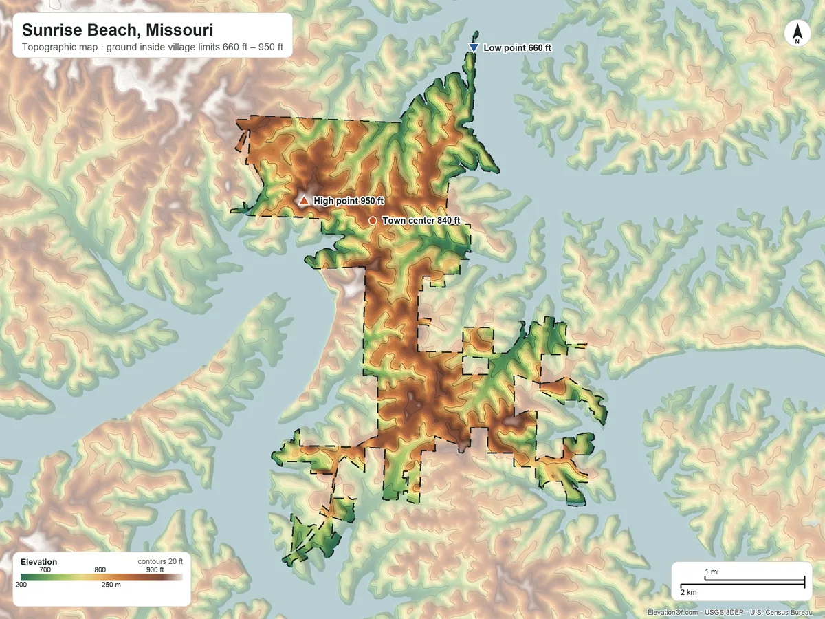 Topographic elevation map of Sunrise Beach, Missouri, shaded from 660 ft on the northeast side to 950 ft on the west side