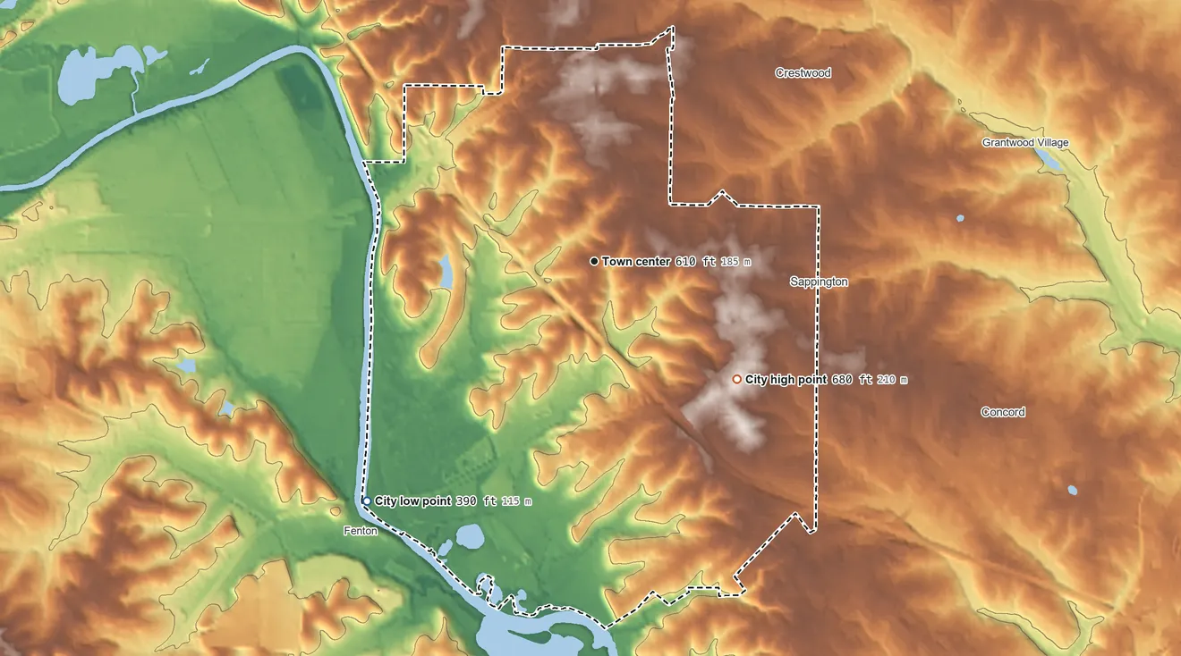 Topographic elevation map of Sunset Hills, Missouri, shaded from 390 ft on the southwest side to 680 ft on the southeast side