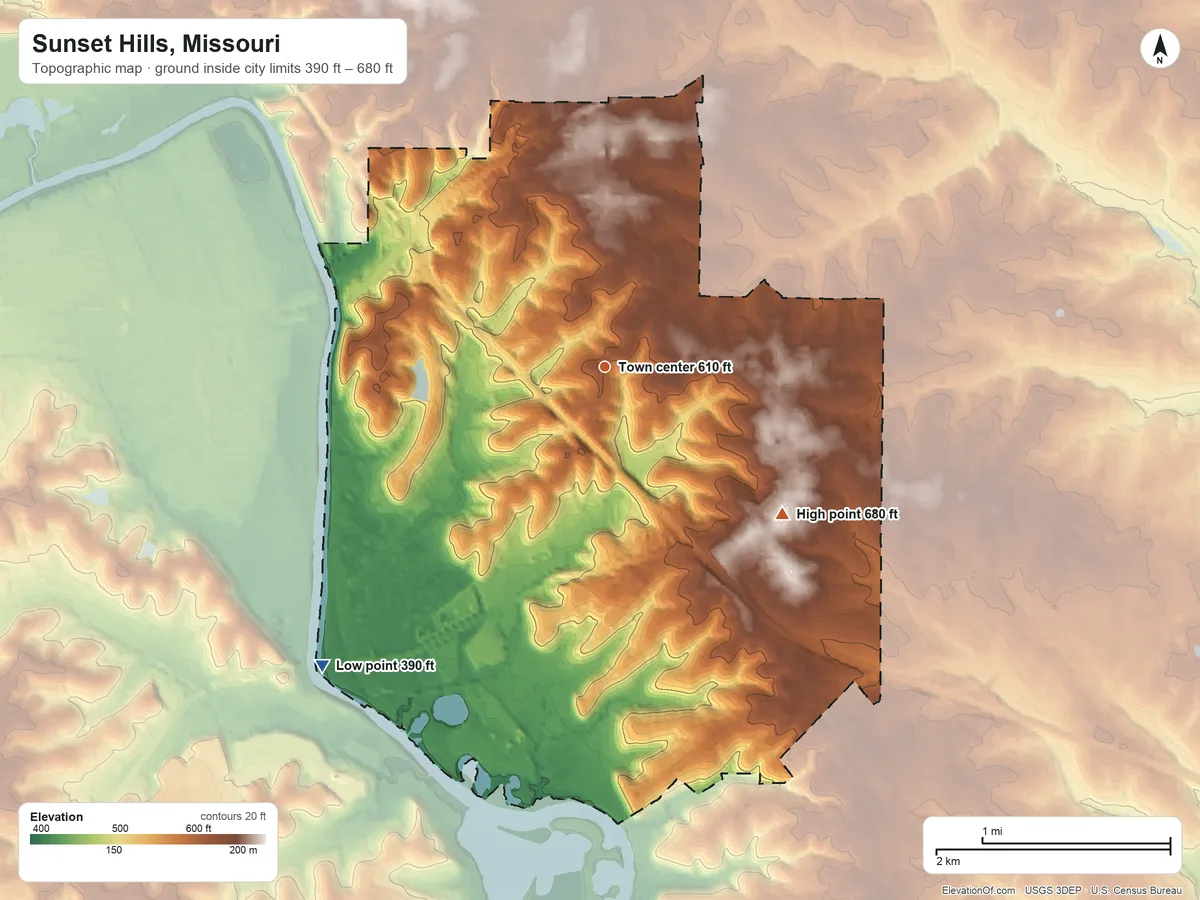 Topographic elevation map of Sunset Hills, Missouri, shaded from 390 ft on the southwest side to 680 ft on the southeast side