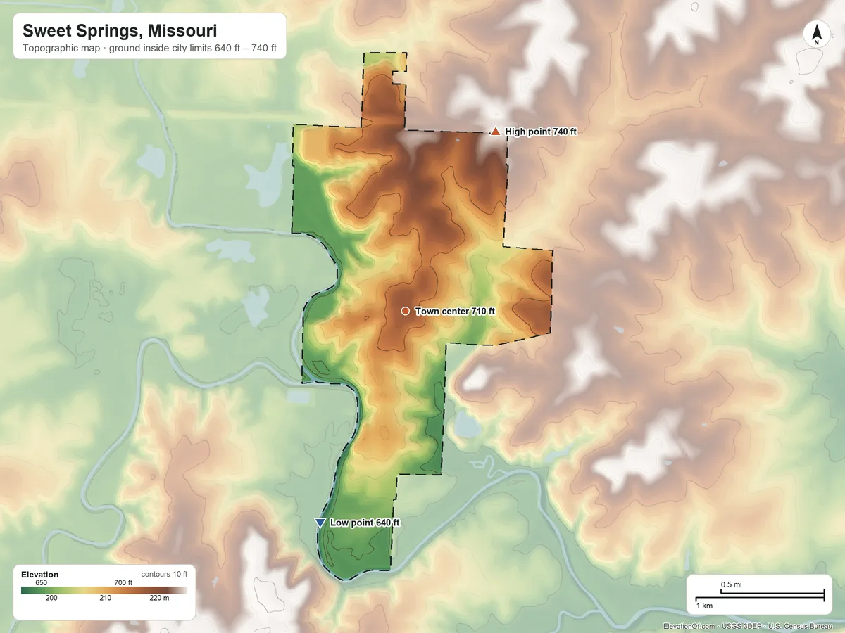Topographic elevation map of Sweet Springs, Missouri, shaded from 640 ft on the south side to 740 ft on the northeast side