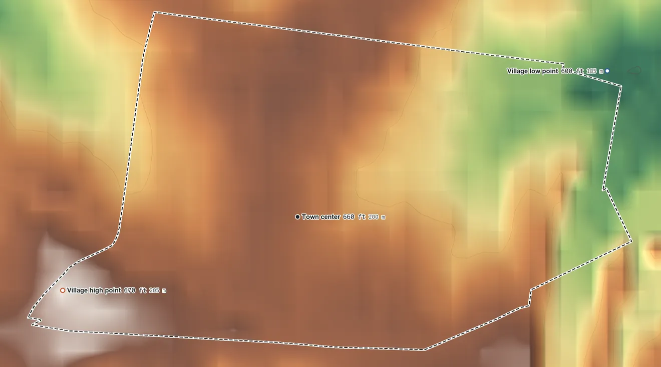 Topographic elevation map of Sycamore Hills, Missouri, shaded from 600 ft on the northeast side to 670 ft on the west side
