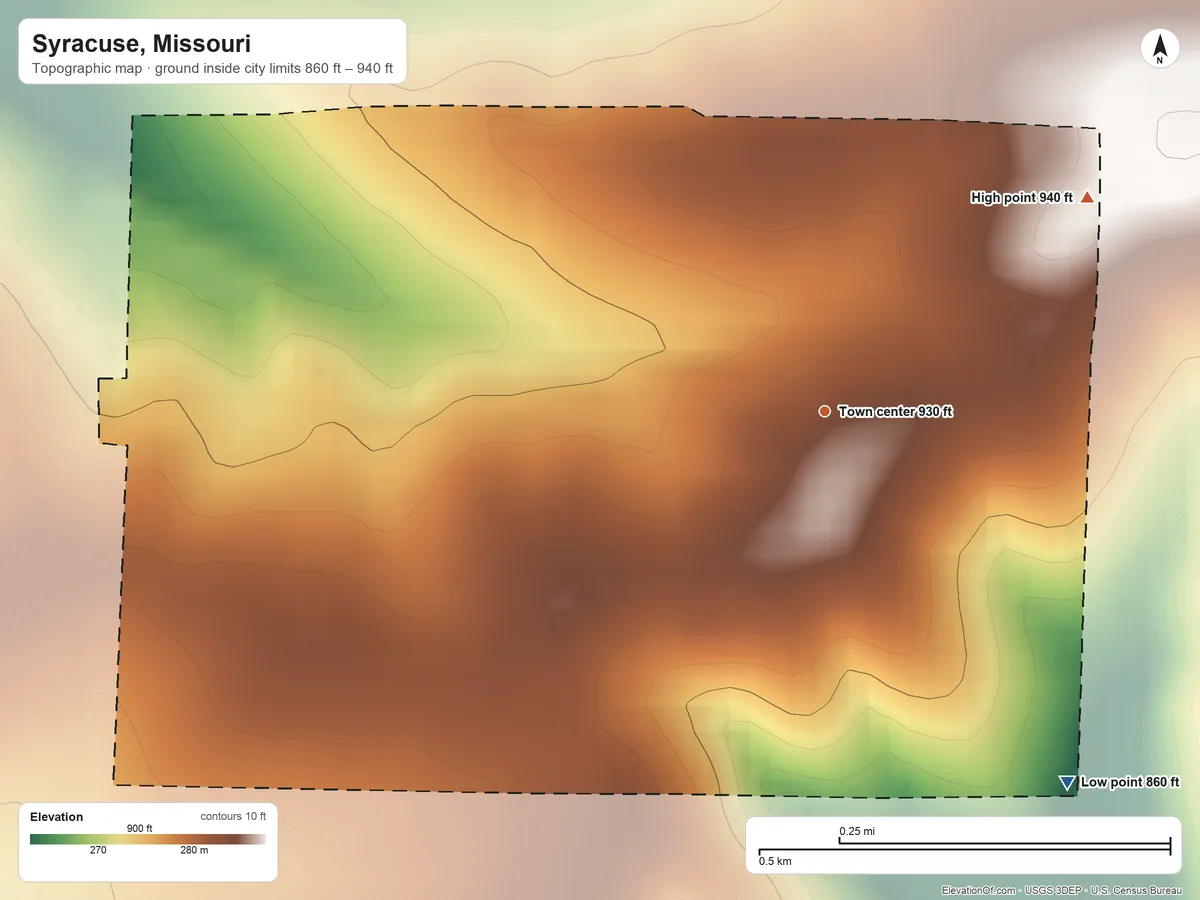 Topographic elevation map of Syracuse, Missouri, shaded from 860 ft on the southeast side to 940 ft on the northeast side