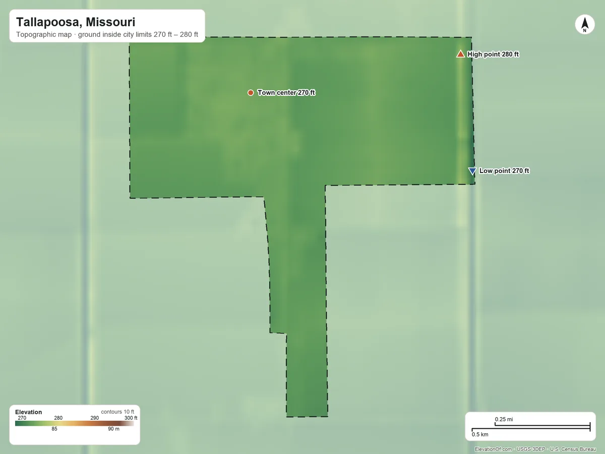 Topographic elevation map of Tallapoosa, Missouri, shaded from 270 ft on the east side to 280 ft on the east side