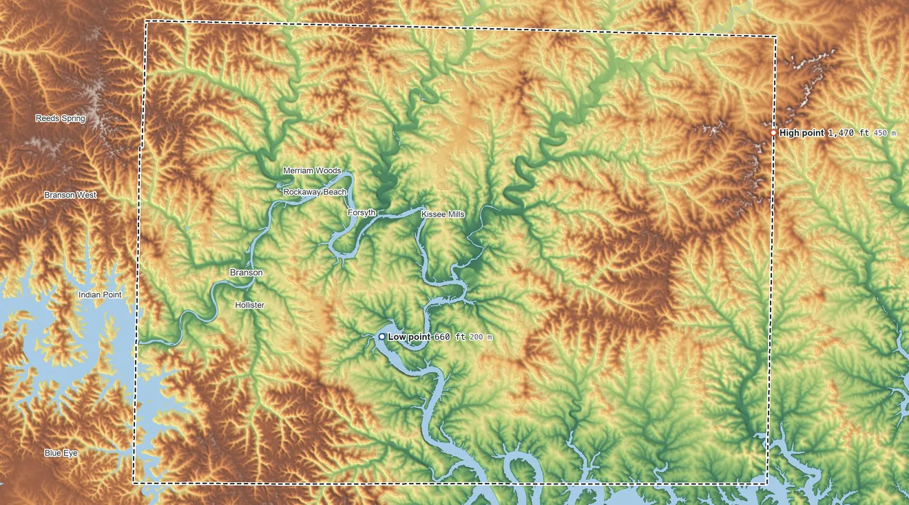 Topographic elevation map of Taney County, Missouri, shaded from 660 ft on the southwest side to 1,470 ft on the east side