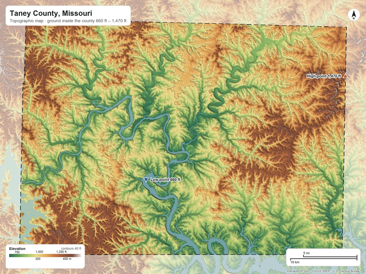 Topographic elevation map of Taney County, Missouri, shaded from 660 ft on the southwest side to 1,470 ft on the east side