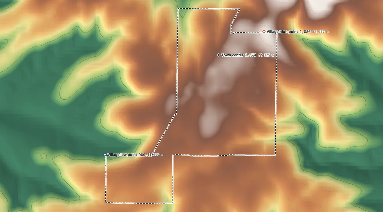 Topographic elevation map of Taneyville, Missouri, shaded from 980 ft on the southwest side to 1,080 ft on the northeast side