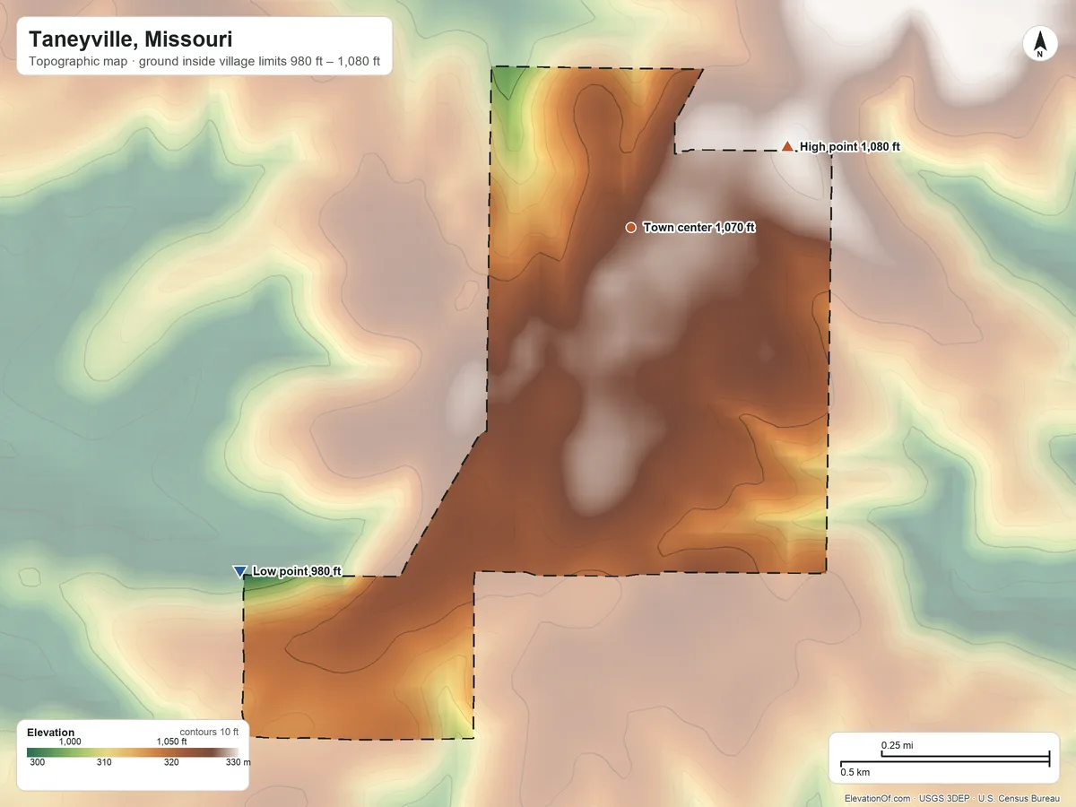 Topographic elevation map of Taneyville, Missouri, shaded from 980 ft on the southwest side to 1,080 ft on the northeast side