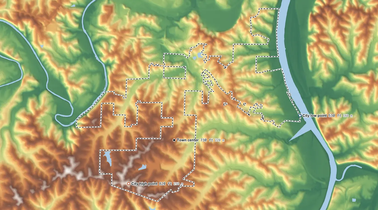 Topographic elevation map of Taos, Missouri, shaded from 530 ft on the east side to 820 ft on the southwest side