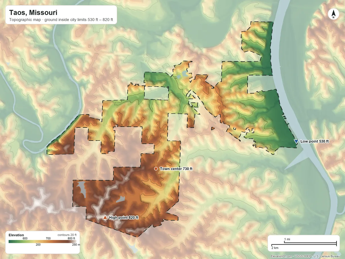 Topographic elevation map of Taos, Missouri, shaded from 530 ft on the east side to 820 ft on the southwest side