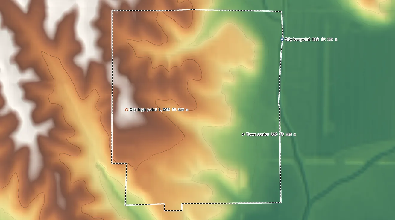 Topographic elevation map of Tarkio, Missouri, shaded from 910 ft on the north side to 1,060 ft on the west side