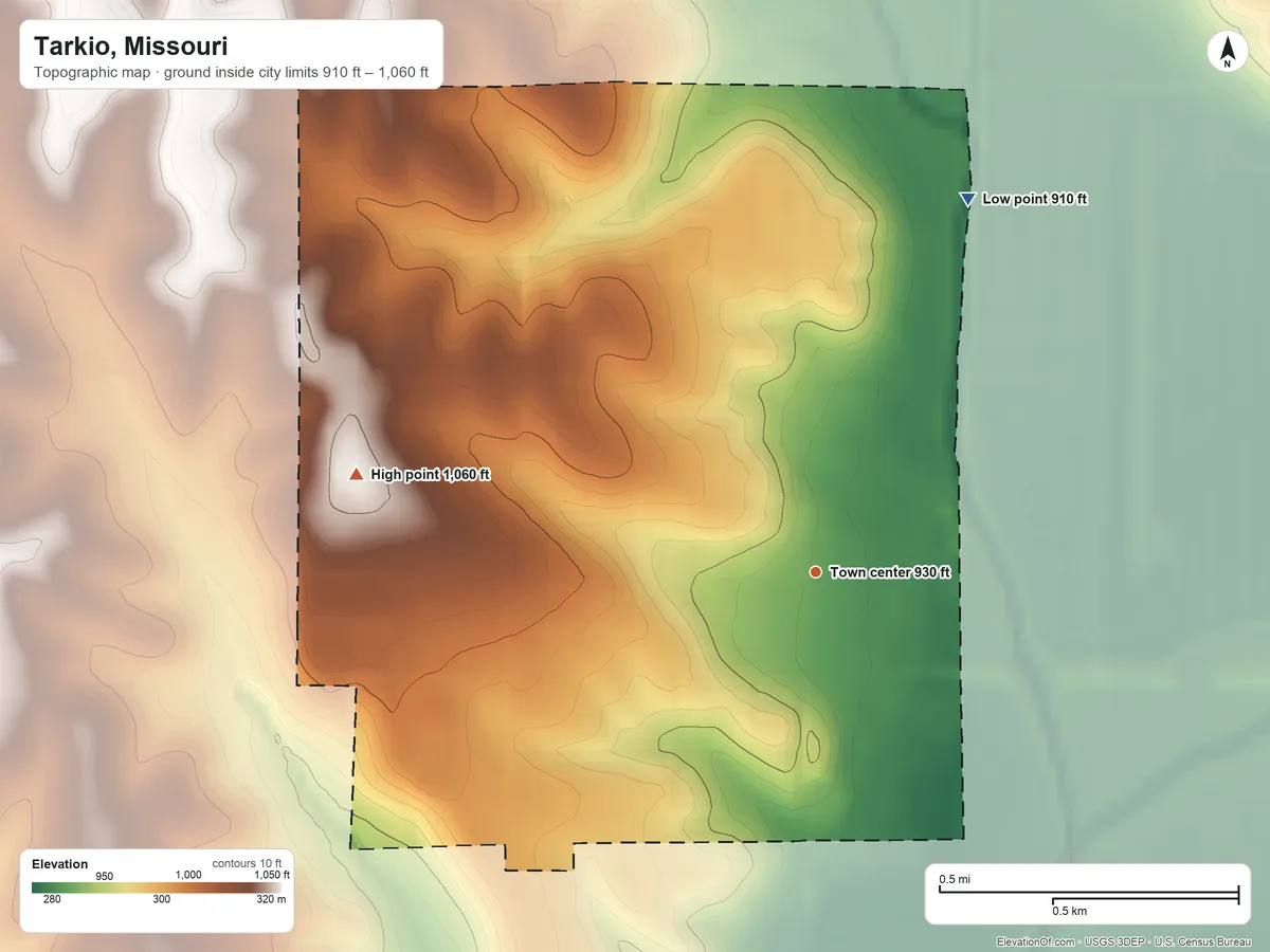 Topographic elevation map of Tarkio, Missouri, shaded from 910 ft on the north side to 1,060 ft on the west side