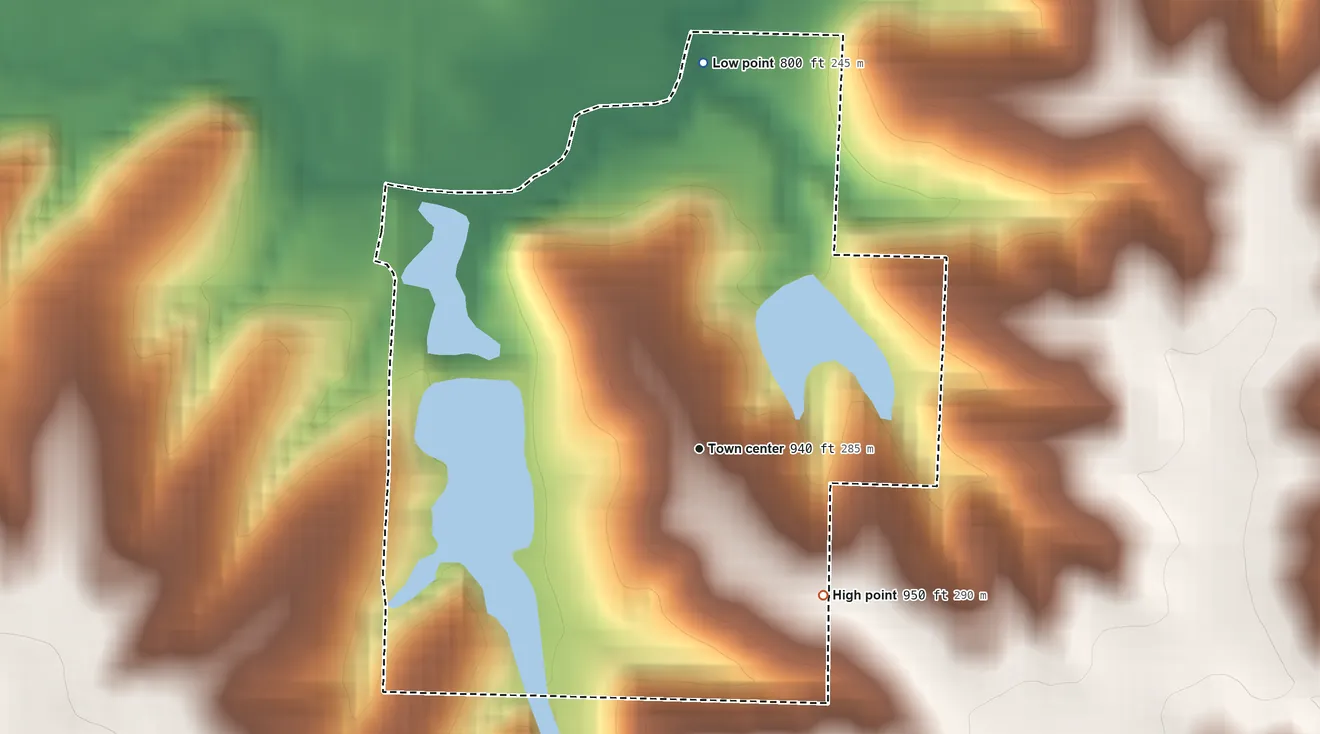 Topographic elevation map of Tarsney Lakes, Missouri, shaded from 800 ft on the north side to 950 ft on the southeast side