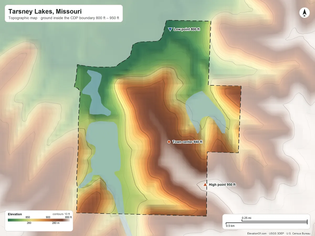 Topographic elevation map of Tarsney Lakes, Missouri, shaded from 800 ft on the north side to 950 ft on the southeast side